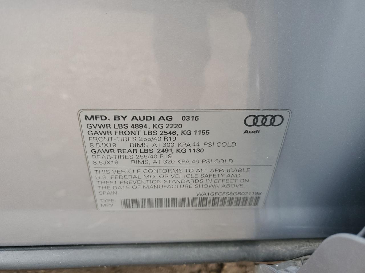 2016 Audi Q3 VIN WA1GFCFS8GR021198 Copart auction photo, front end damage thumbnail 13