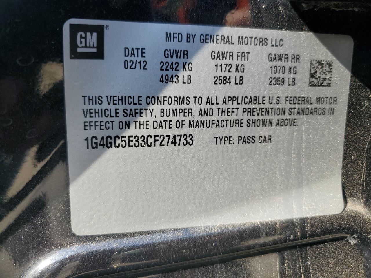 2012 Buick LaCrosse VIN 1G4GC5E33CF274733 Copart auction photo, front end damage thumbnail 14