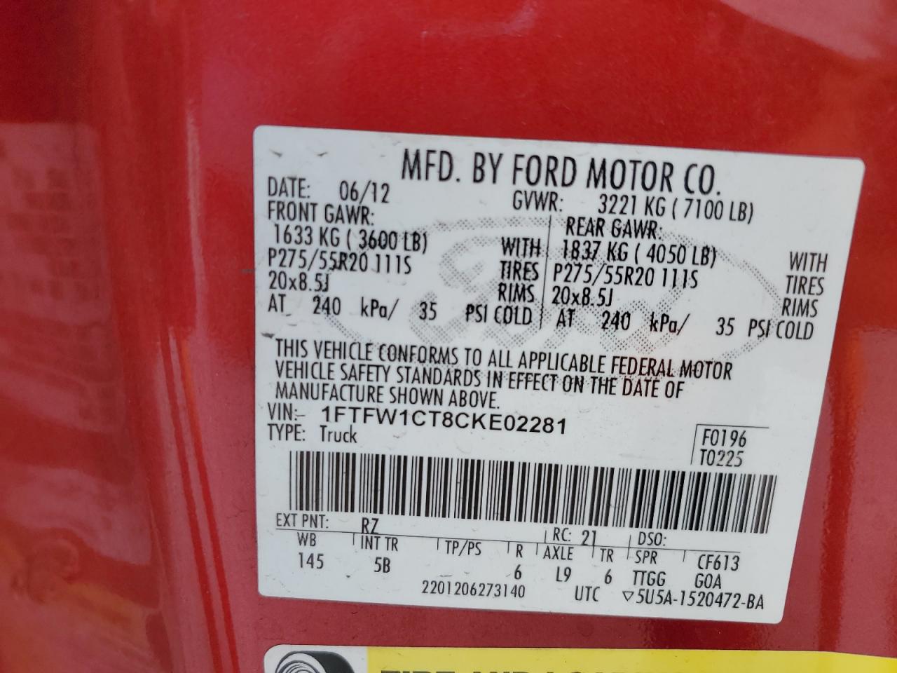 2012 Ford F-150 VIN 1FTFW1CT8CKE02281 Copart auction photo, rear end damage thumbnail 12