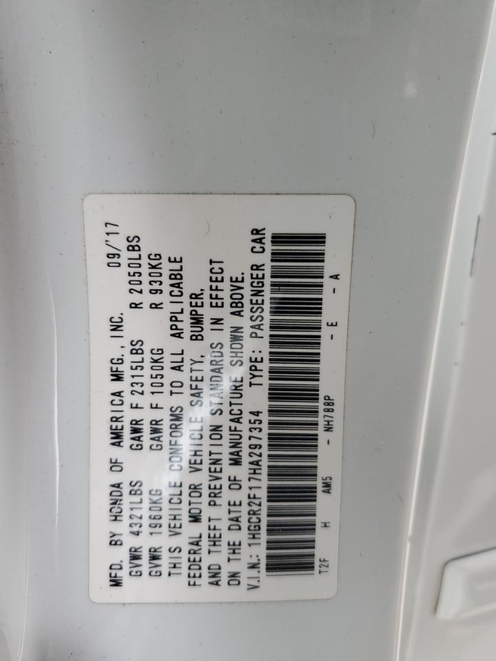 2017 Honda Accord VIN 1HGCR2F17HA297354 Copart auction photo, front end / rear end damage thumbnail 15
