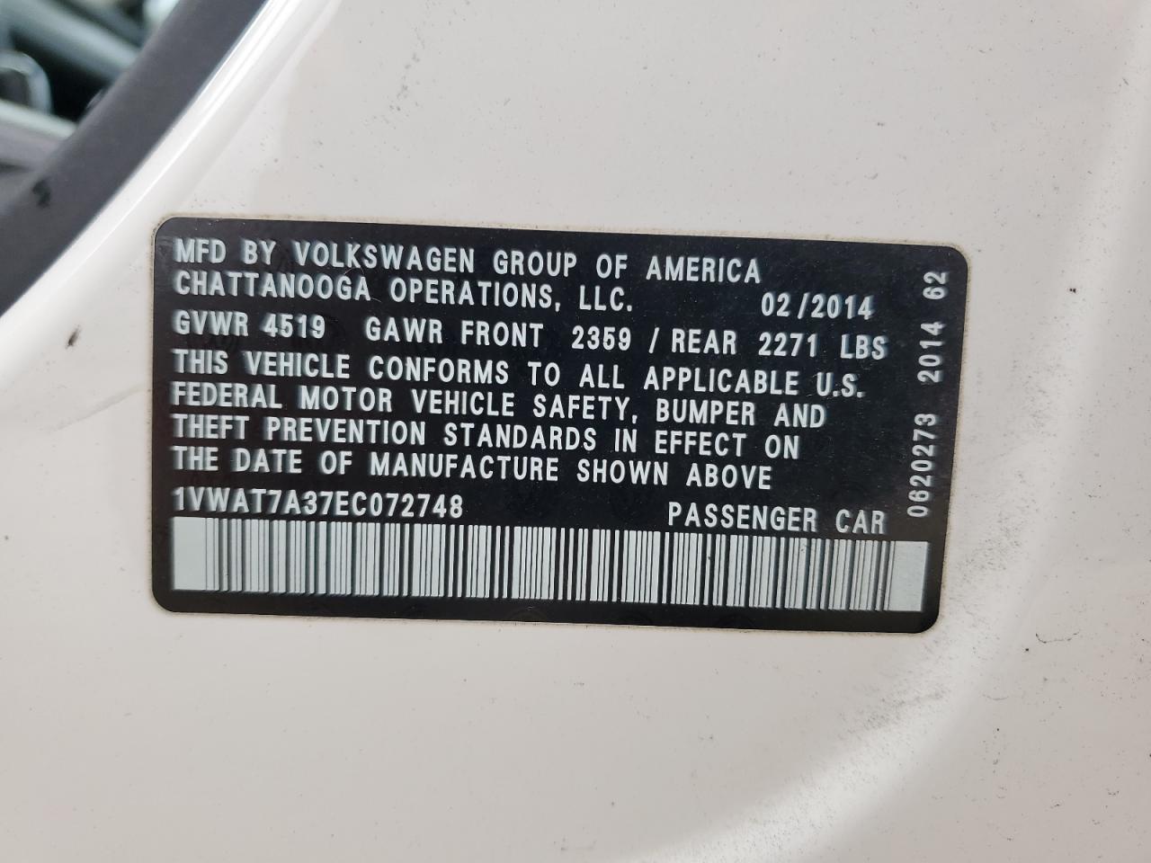 2014 Volkswagen Passat VIN 1VWAT7A37EC072748 Copart auction photo, side damage thumbnail 12