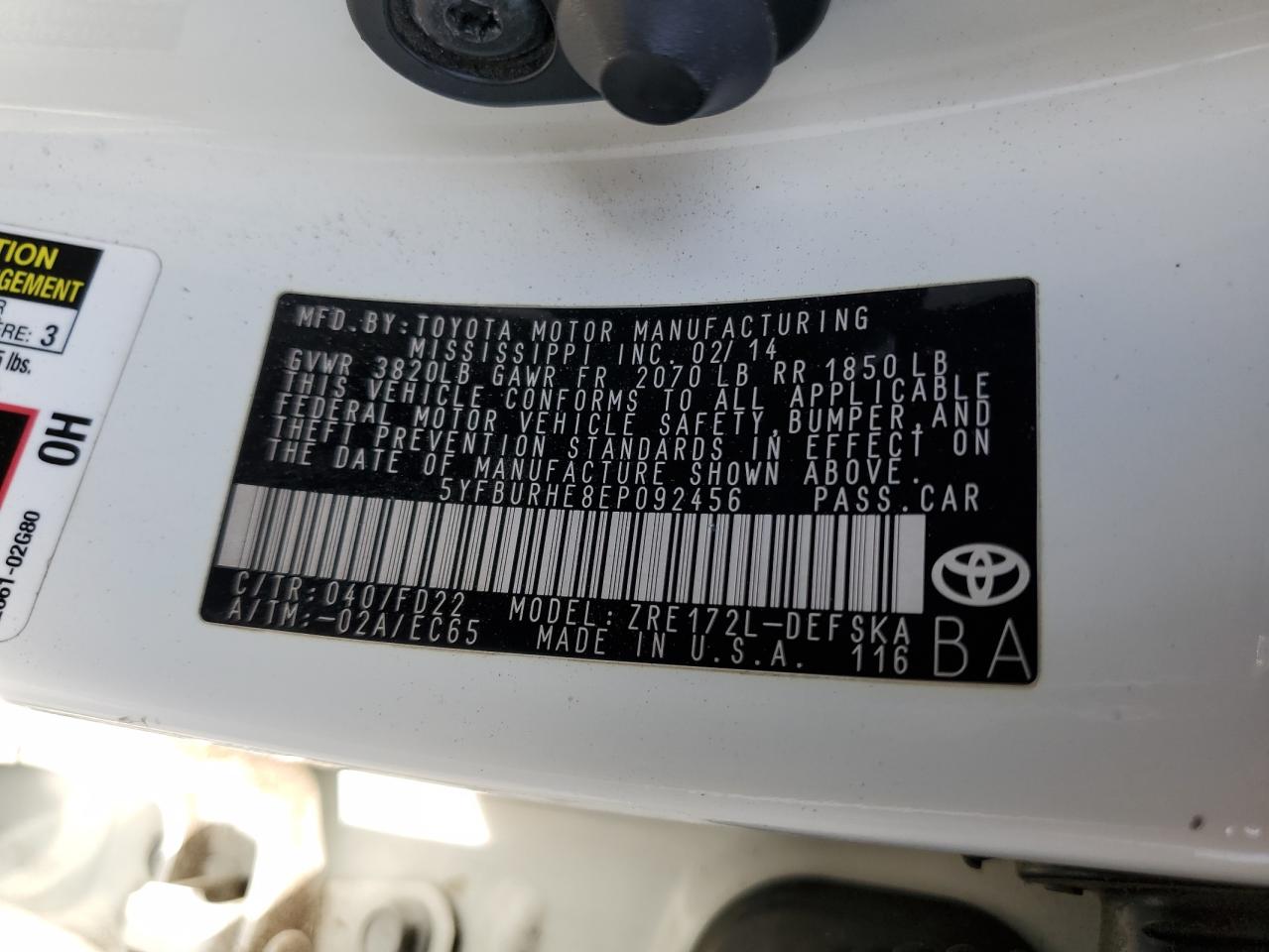 2014 Toyota Corolla VIN 5YFBURHE8EP092456 Copart auction photo, undercarriage / all over damage thumbnail 12