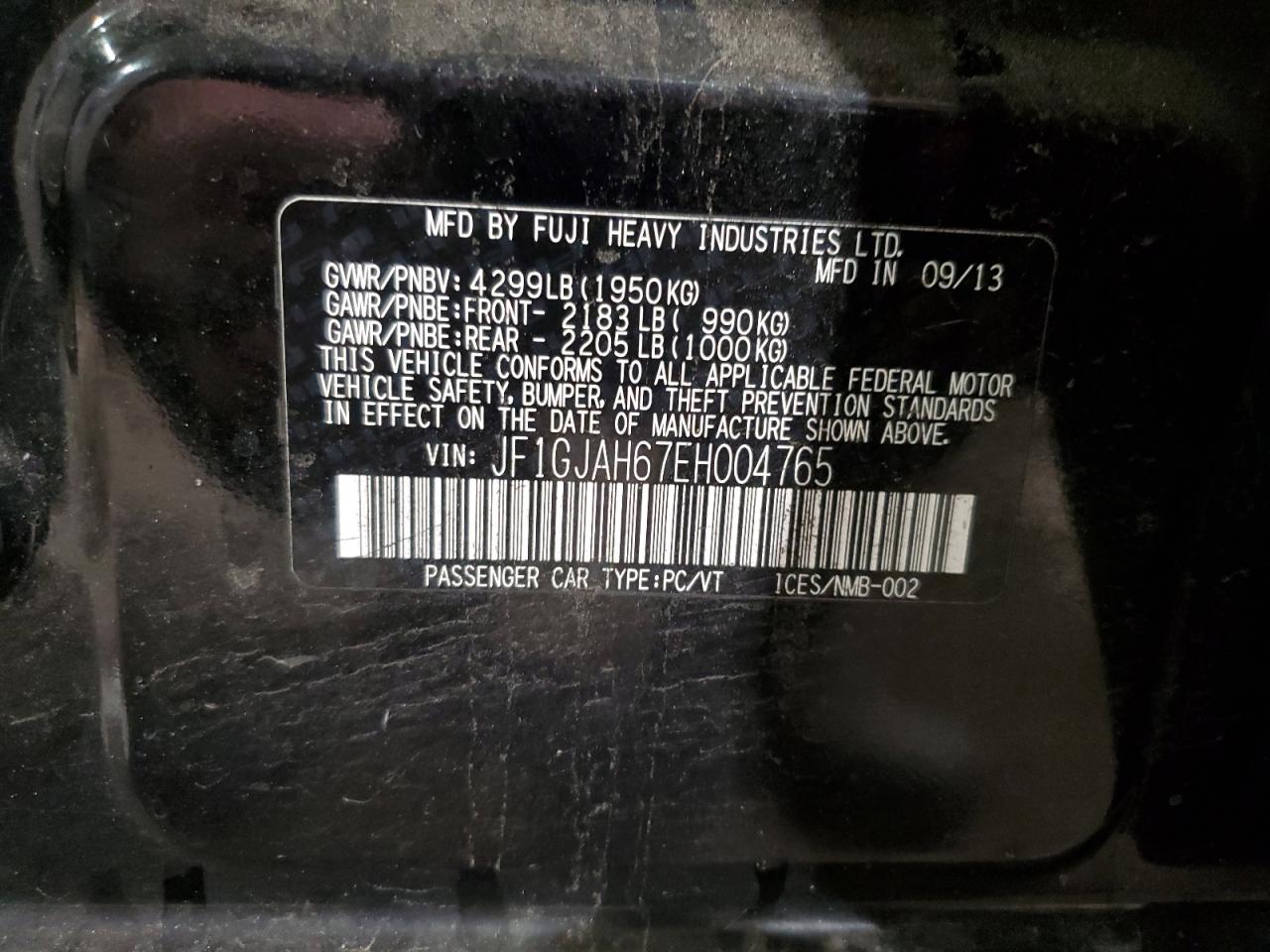 2014 Subaru Impreza VIN JF1GJAH67EH004765 Copart auction photo, front end / all over damage thumbnail 12