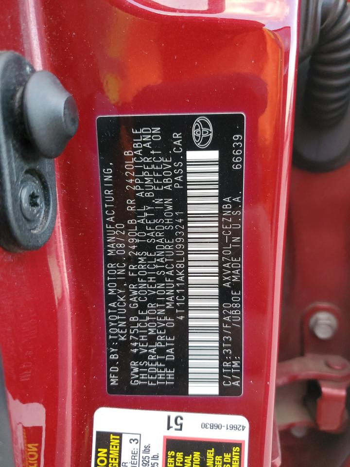 2020 Toyota Camry VIN 4T1C11AK8LU993241 Copart auction photo, front end / hail damage thumbnail 12