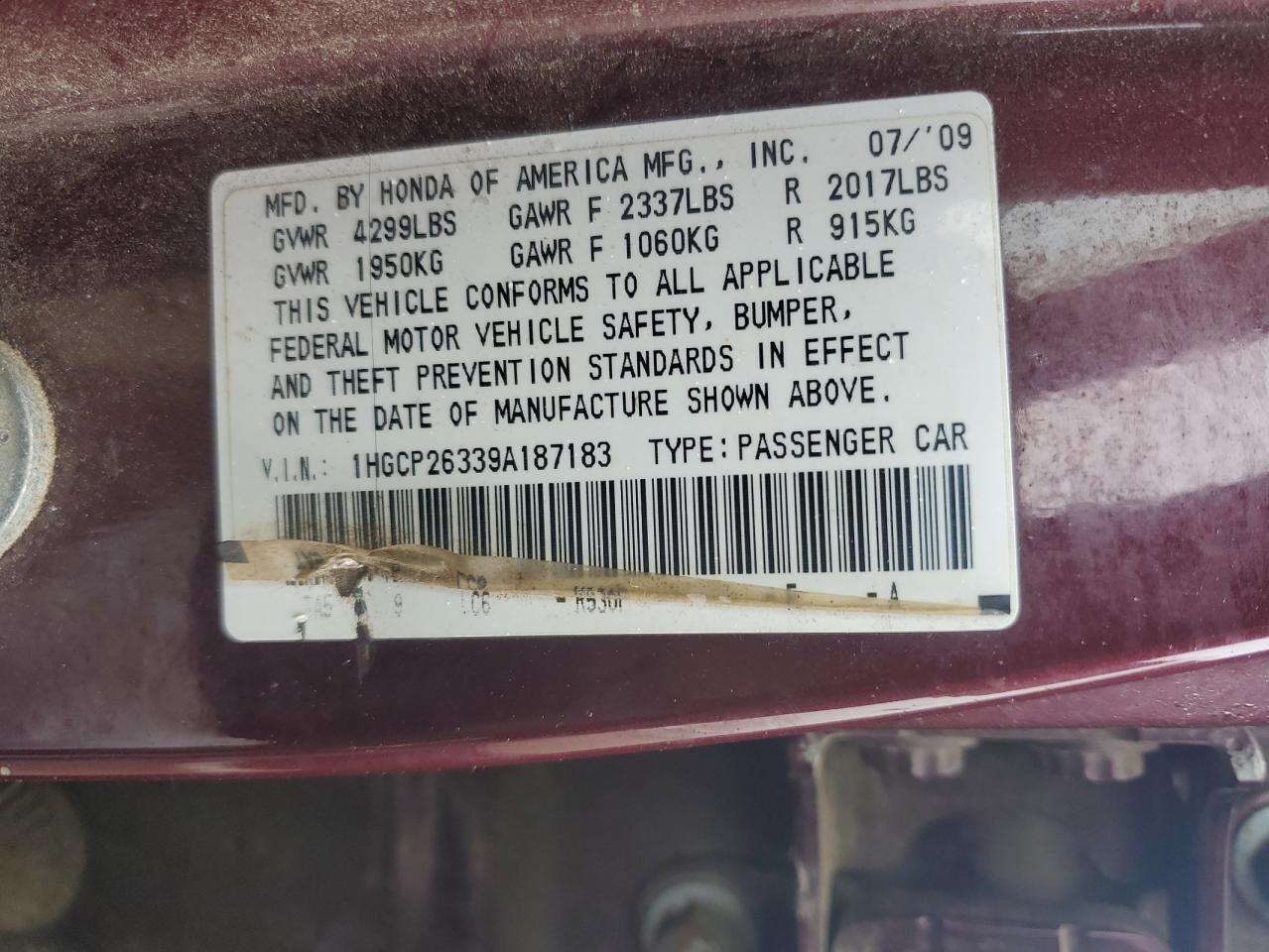 2009 Honda Accord VIN 1HGCP26339A187183 Copart auction photo, front end / rear end damage thumbnail 12