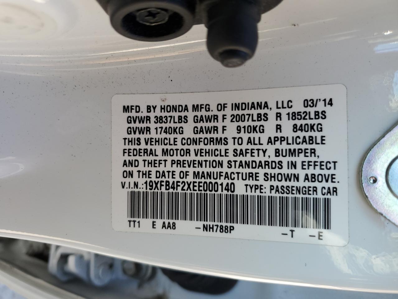 2014 Honda Civic VIN 19XFB4F2XEE000140 Copart auction photo, rear end damage thumbnail 12