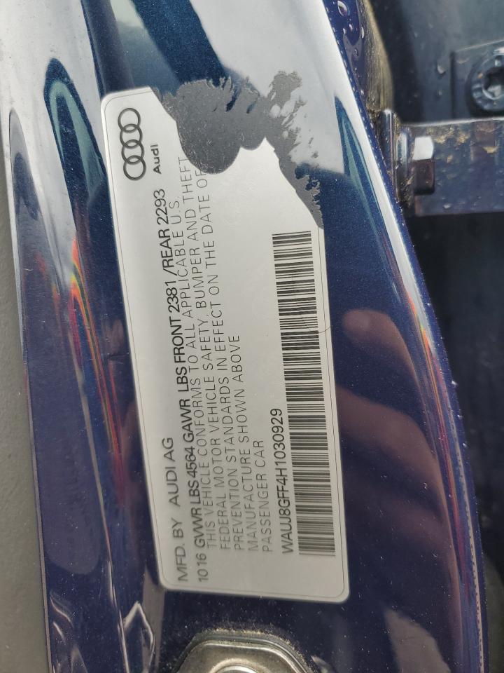 2017 Audi A3 VIN WAUJ8GFF4H1030929 Copart auction photo, front end / minor dent/scratches damage thumbnail 12