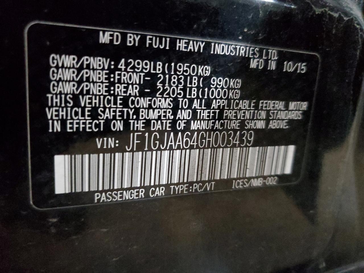 2016 Subaru Impreza VIN JF1GJAA64GH003439 Copart auction photo, front end damage thumbnail 13