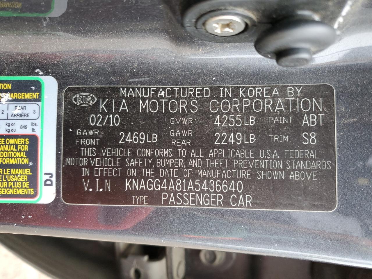 2010 KIA Optima VIN KNAGG4A81A5436640 Copart auction photo, rear end / front end damage thumbnail 12
