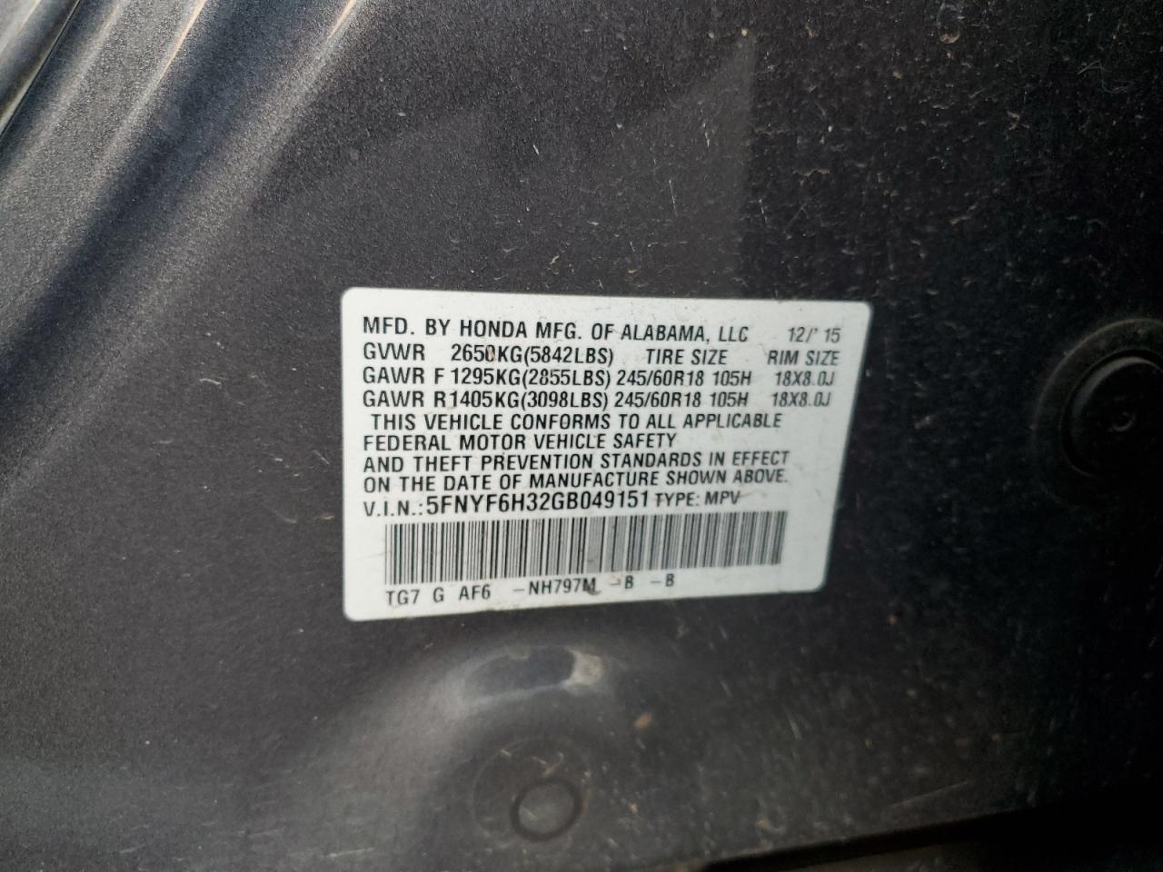 2016 Honda Pilot VIN 5FNYF6H32GB049151 Copart auction photo, rear end / minor dent/scratches damage thumbnail 13