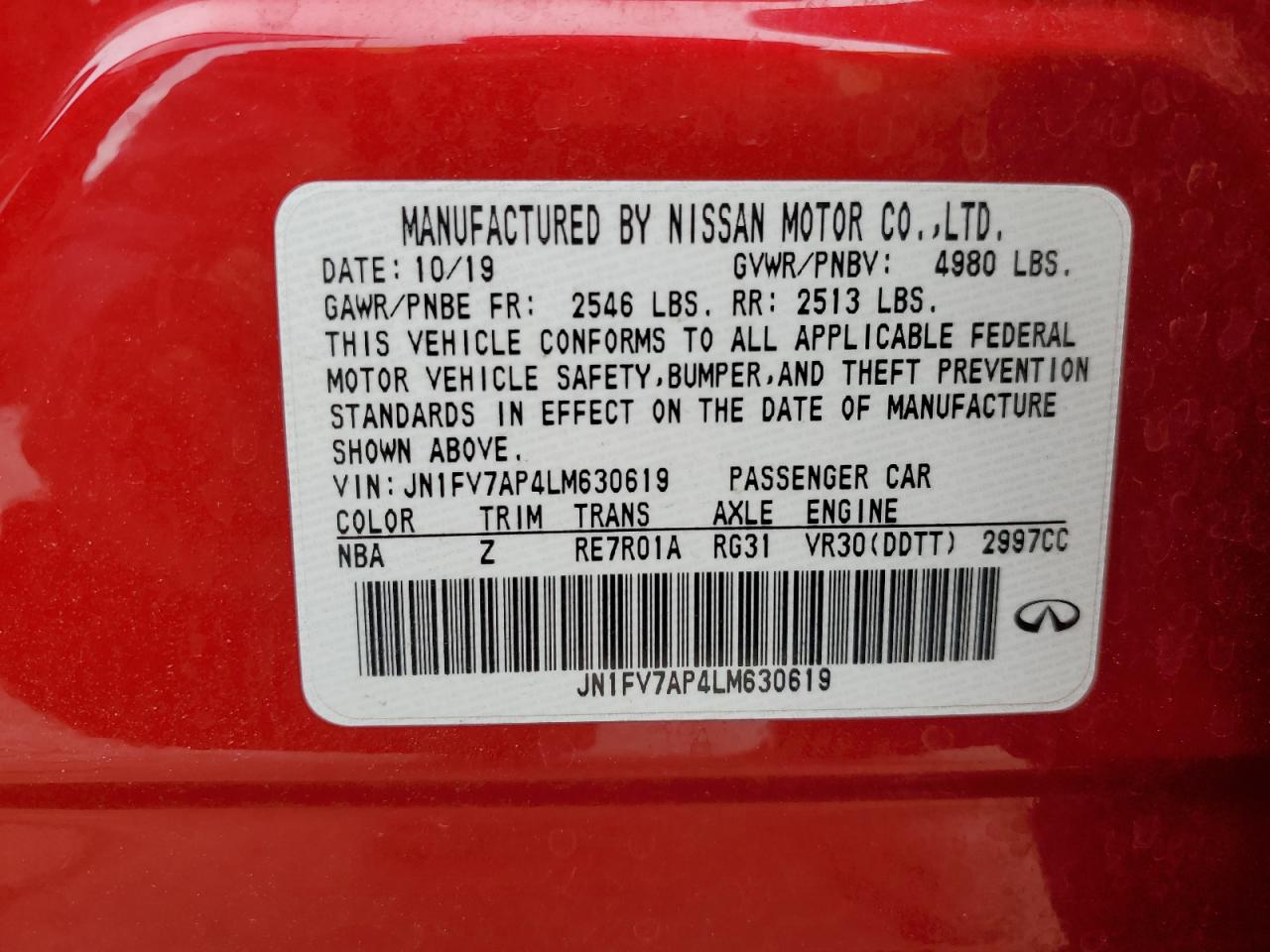 2020 Infiniti Q50 VIN JN1FV7AP4LM630619 Copart auction photo, front end / minor dent/scratches damage thumbnail 15