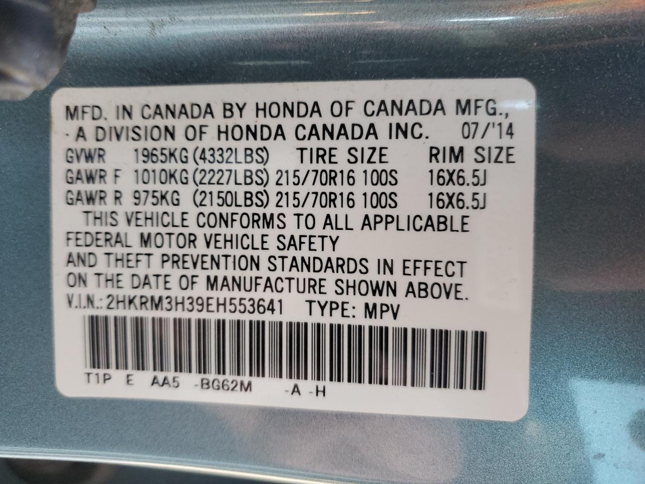 2014 Honda CR-V VIN 2HKRM3H39EH553641 Copart auction photo, front end / side damage thumbnail 14