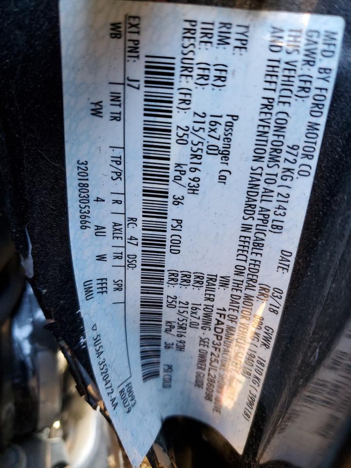 2018 Ford Focus VIN 1FADP3F25JL286098 Copart auction photo, side damage thumbnail 12