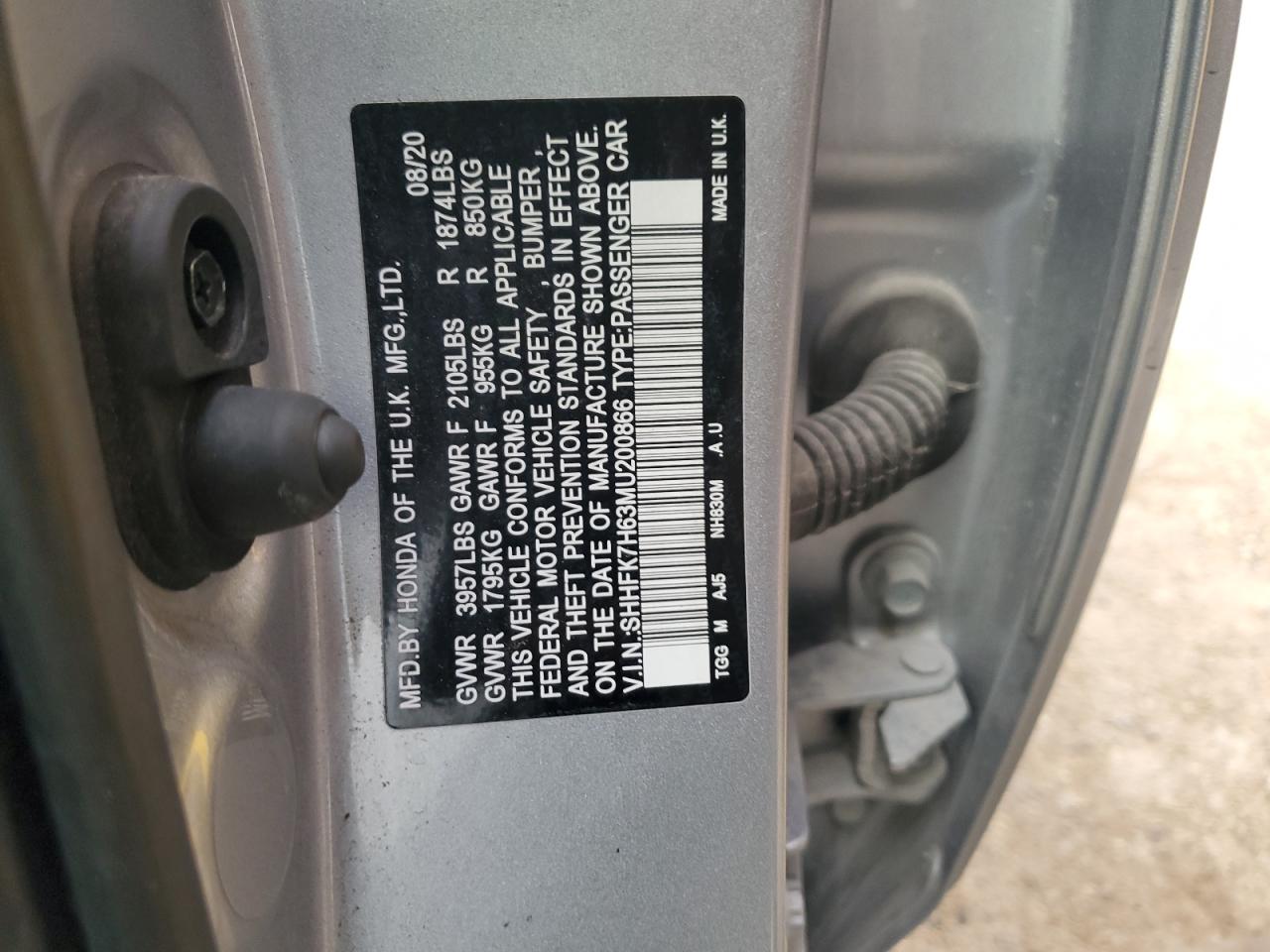 2021 Honda Civic VIN SHHFK7H63MU200866 Copart auction photo, rear end / front end damage thumbnail 14