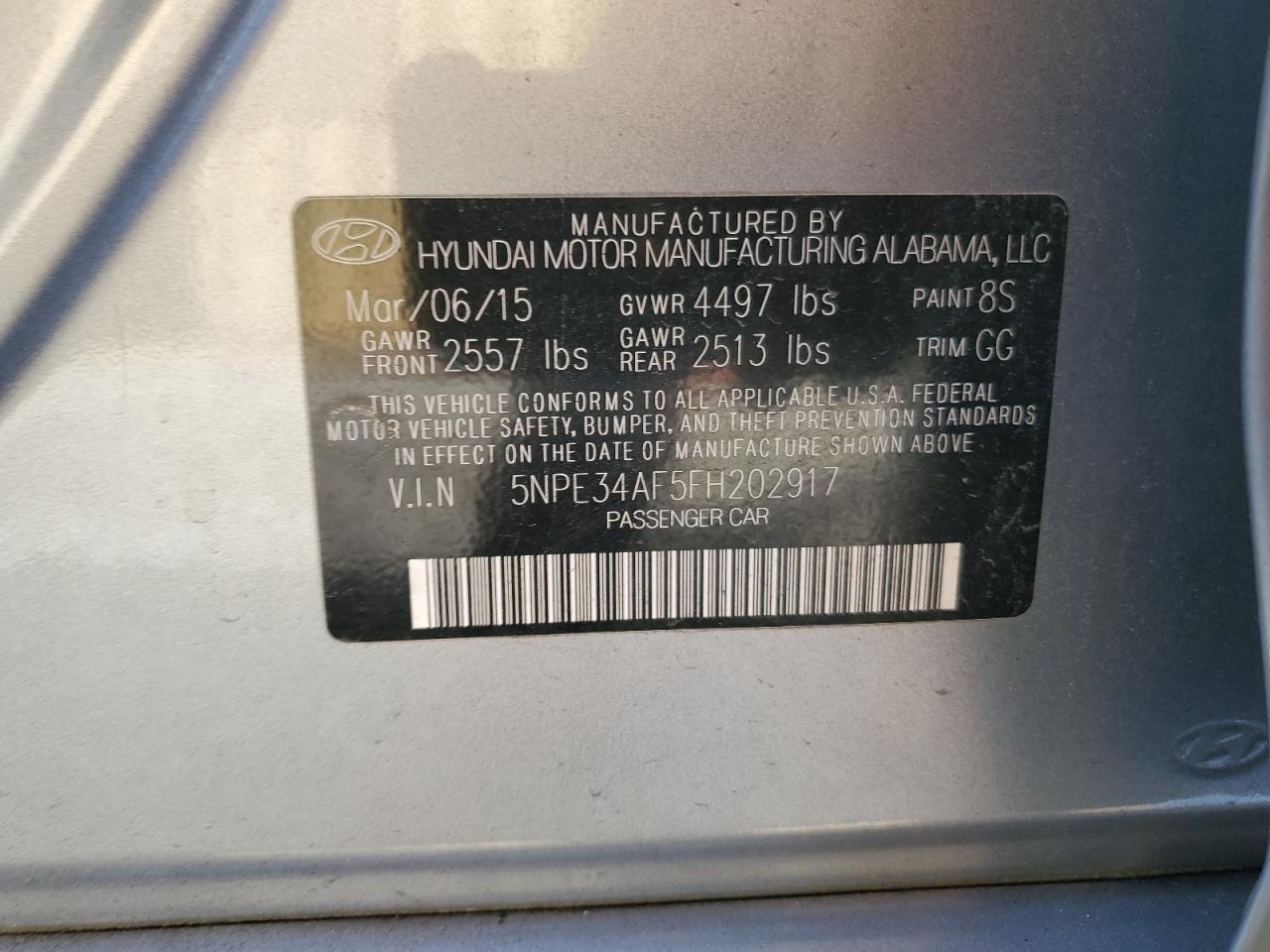 2015 Hyundai Sonata VIN 5NPE34AF5FH202917 Copart auction photo, front end / minor dent/scratches damage thumbnail 12