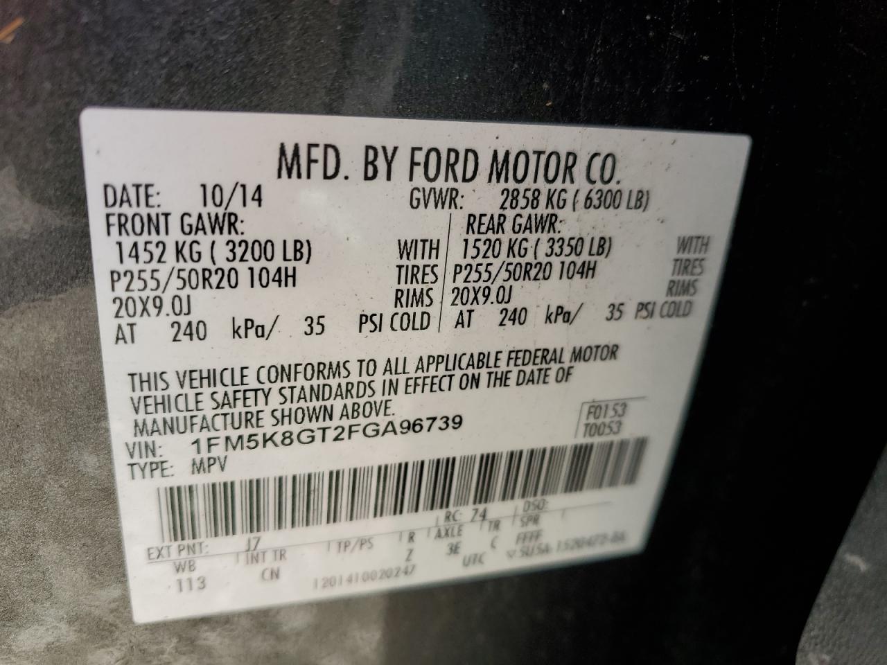 2015 Ford Explorer VIN 1FM5K8GT2FGA96739 Copart auction photo, rear end damage thumbnail 12