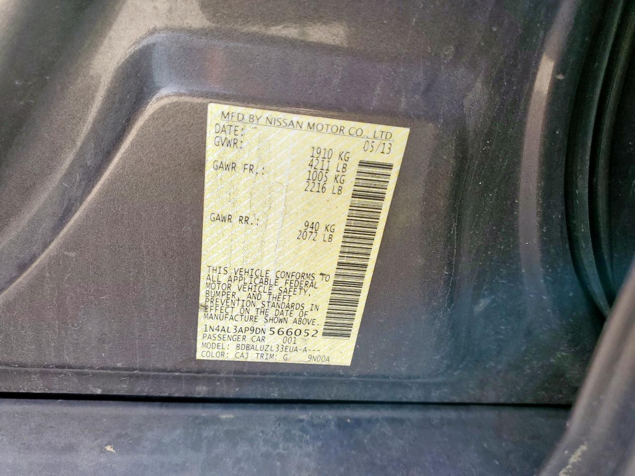 2013 Nissan Altima VIN 1N4AL3AP9DN566052 Copart auction photo, all over damage thumbnail 12