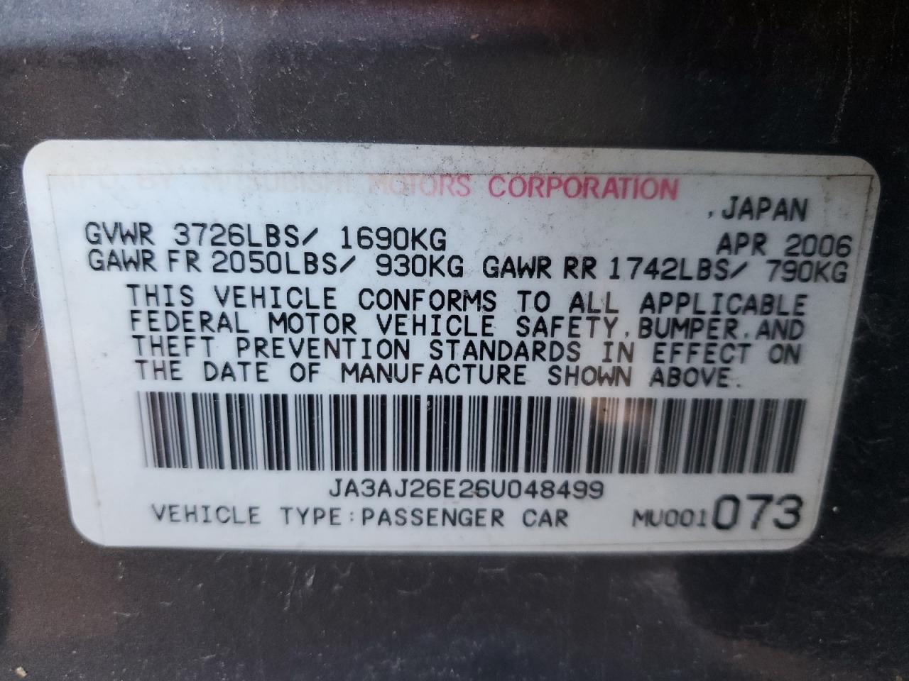 2006 Mitsubishi Lancer VIN JA3AJ26E26U048499 Copart auction photo, front end / side damage thumbnail 12