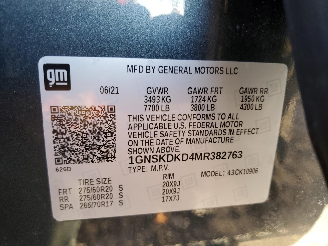 2021 Chevrolet Suburban VIN 1GNSKDKD4MR382763 Copart auction photo, front end / minor dent/scratches damage thumbnail 13