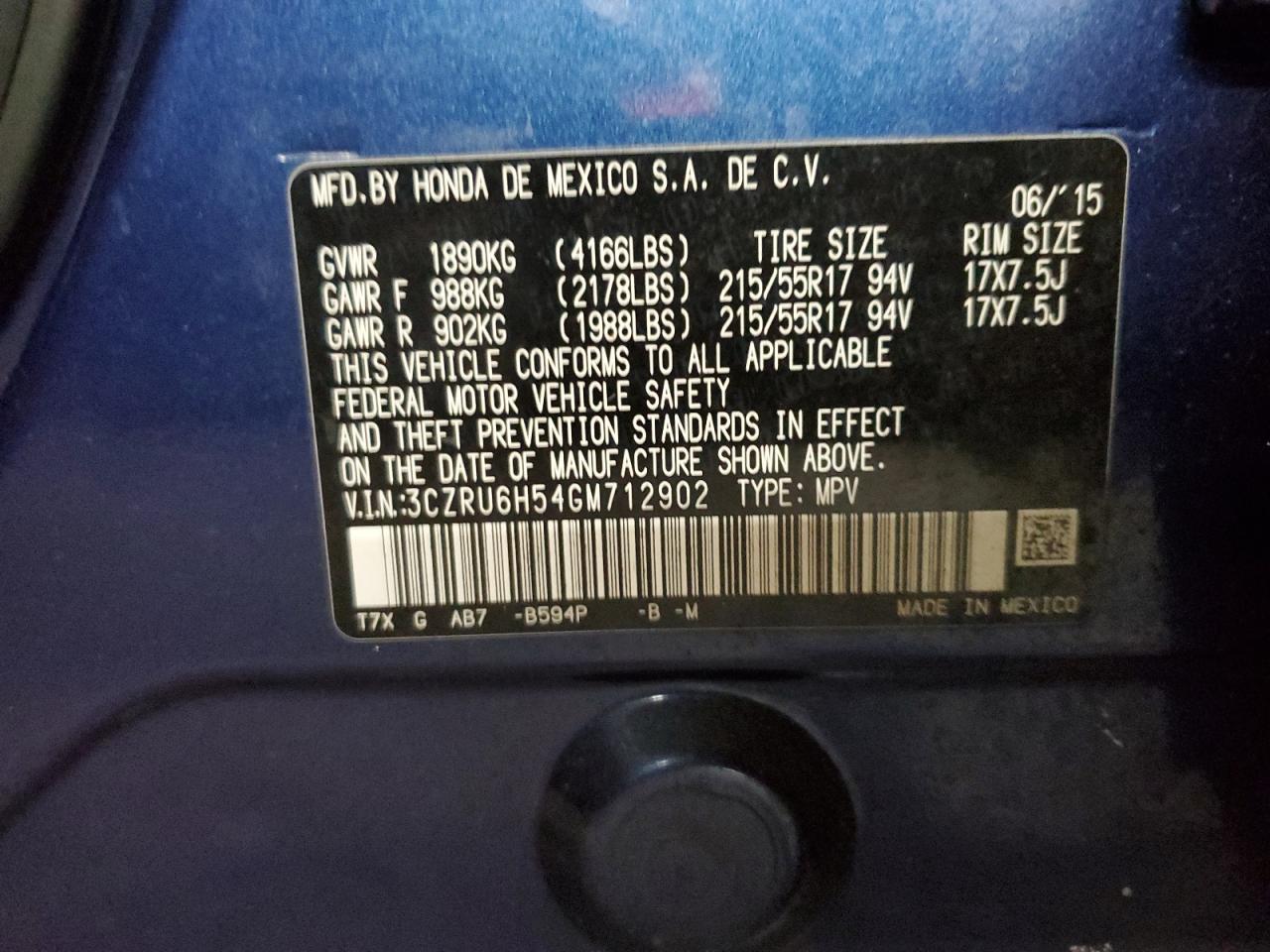 2016 Honda HR-V VIN 3CZRU6H54GM712902 Copart auction photo, front end damage thumbnail 14