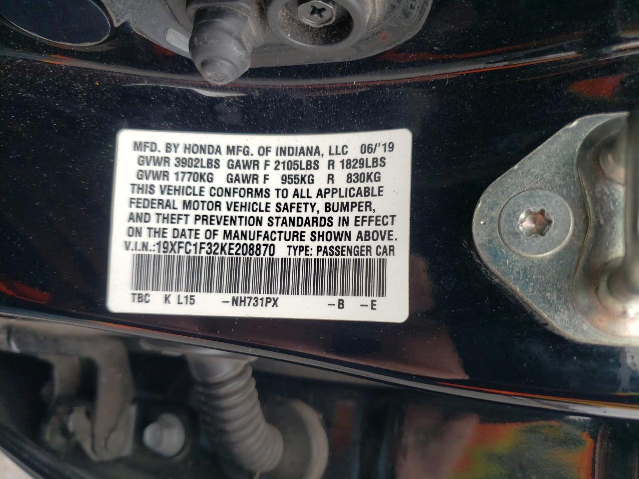 2019 Honda Civic VIN 19XFC1F32KE208870 Copart auction photo, front end damage thumbnail 14