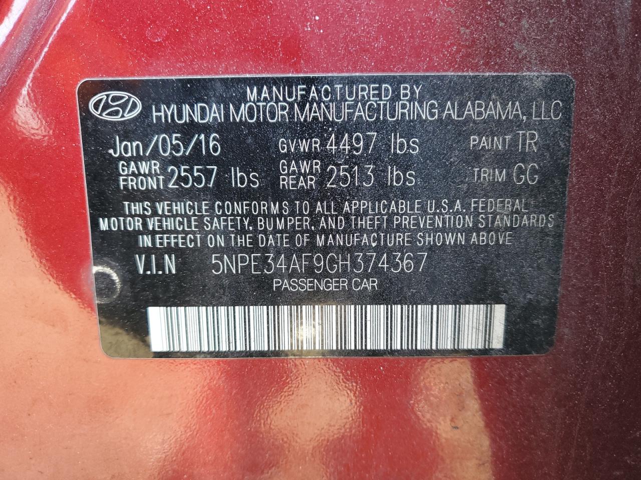 2016 Hyundai Sonata VIN 5NPE34AF9GH374367 Copart auction photo, front end / minor dent/scratches damage thumbnail 14