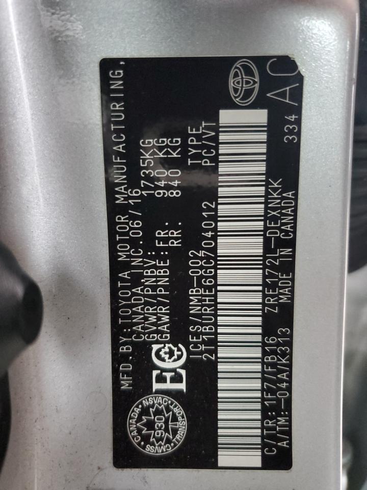 2016 Toyota Corolla VIN 2T1BURHE6GC704012 Copart auction photo, front end / side damage thumbnail 13