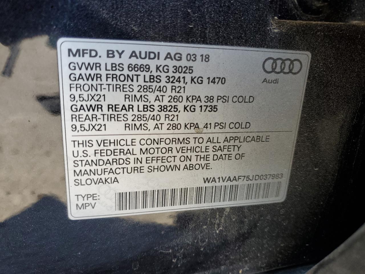 2018 Audi Q7 VIN WA1VAAF75JD037983 Copart auction photo, front end / frame damage damage thumbnail 13