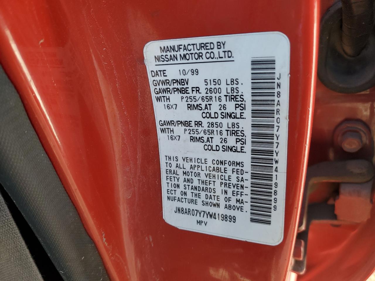 2000 Nissan Pathfinder VIN JN8AR07Y7YW419899 Copart auction photo, all over / undercarriage damage thumbnail 13
