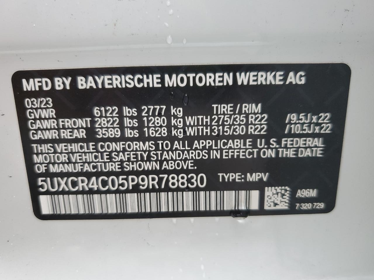 2023 BMW X5 VIN 5UXCR4C05P9R78830 Copart auction photo, front end / side damage thumbnail 13