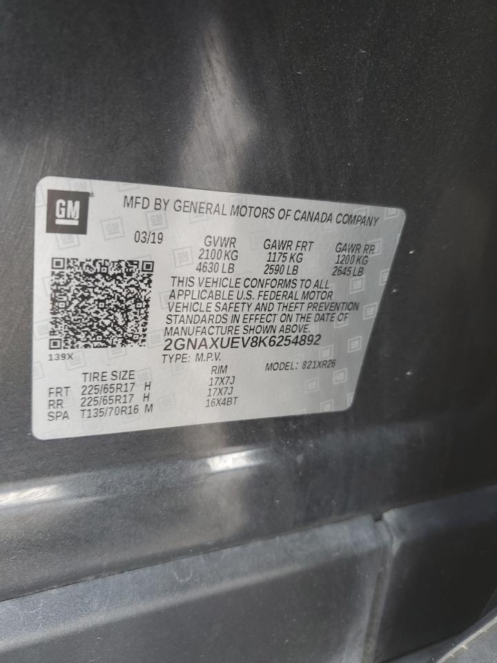 2019 Chevrolet Equinox VIN 2GNAXUEV8K6254892 Copart auction photo, rear end / side damage thumbnail 13