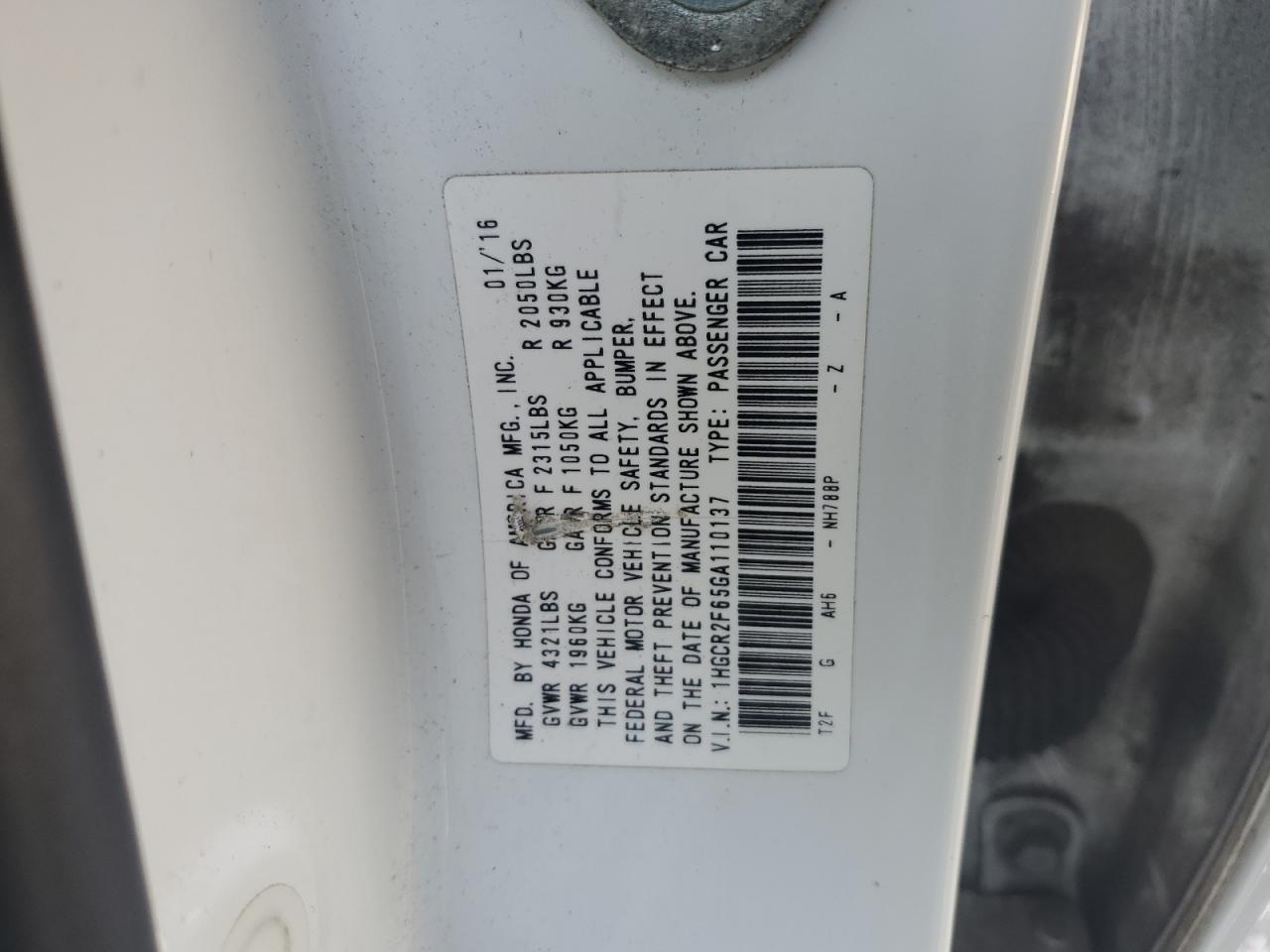 2016 Honda Accord VIN 1HGCR2F65GA110137 Copart auction photo, all over / mechanical damage thumbnail 14