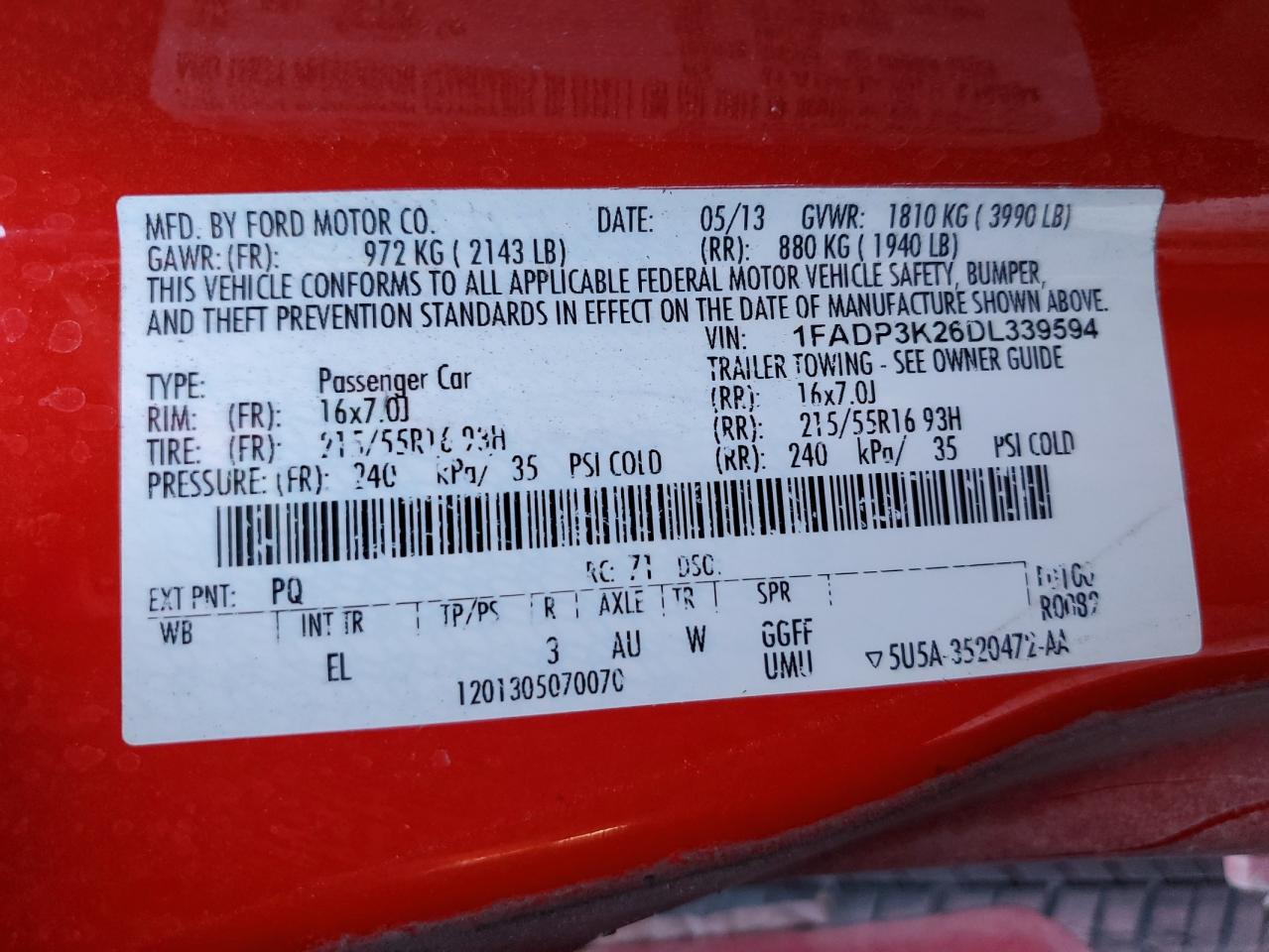 2013 Ford Focus VIN 1FADP3K26DL339594 Copart auction photo, minor dent/scratches damage thumbnail 12