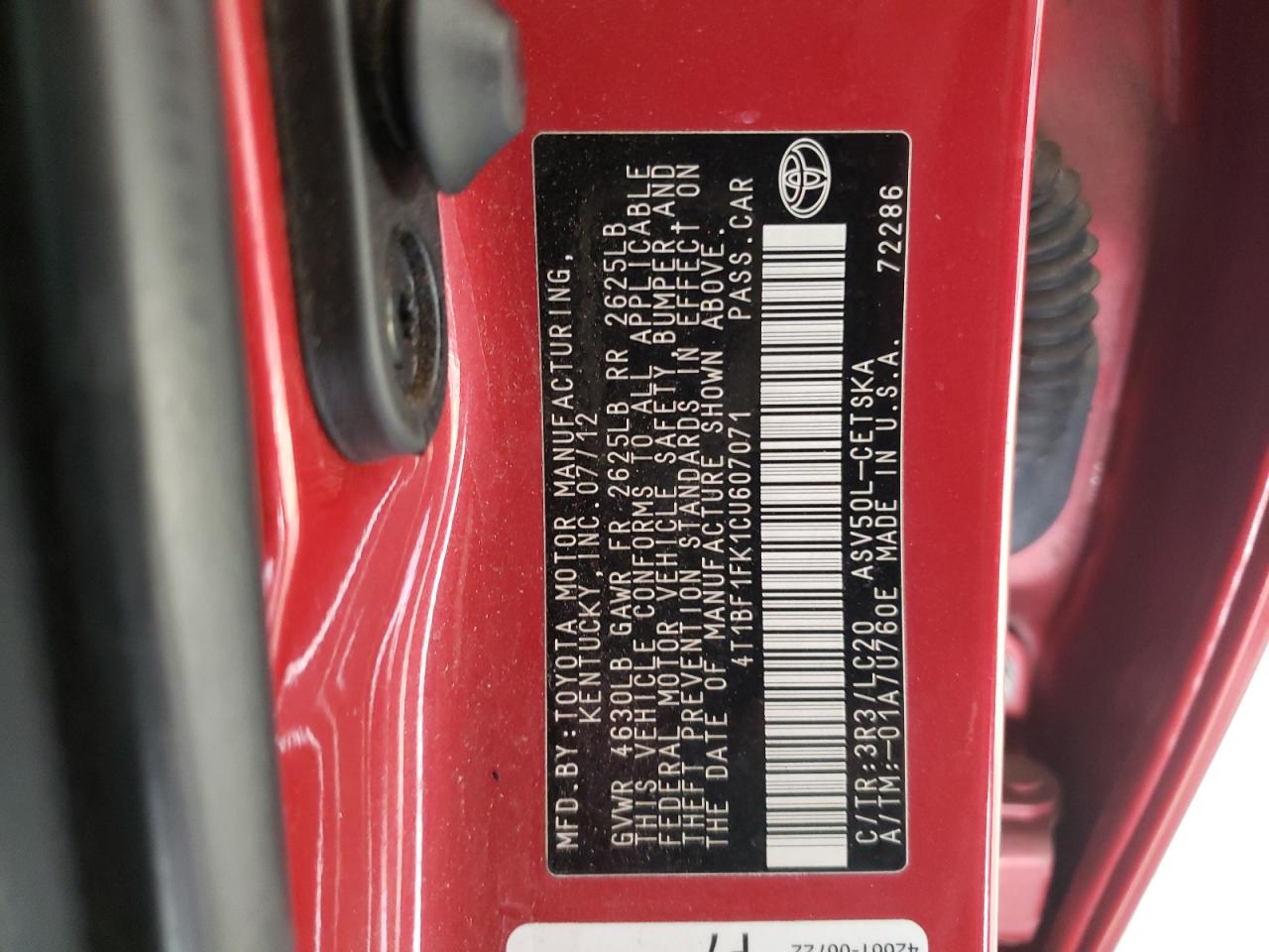 2012 Toyota Camry VIN 4T1BF1FK1CU607071 Copart auction photo, rear end / front end damage thumbnail 12