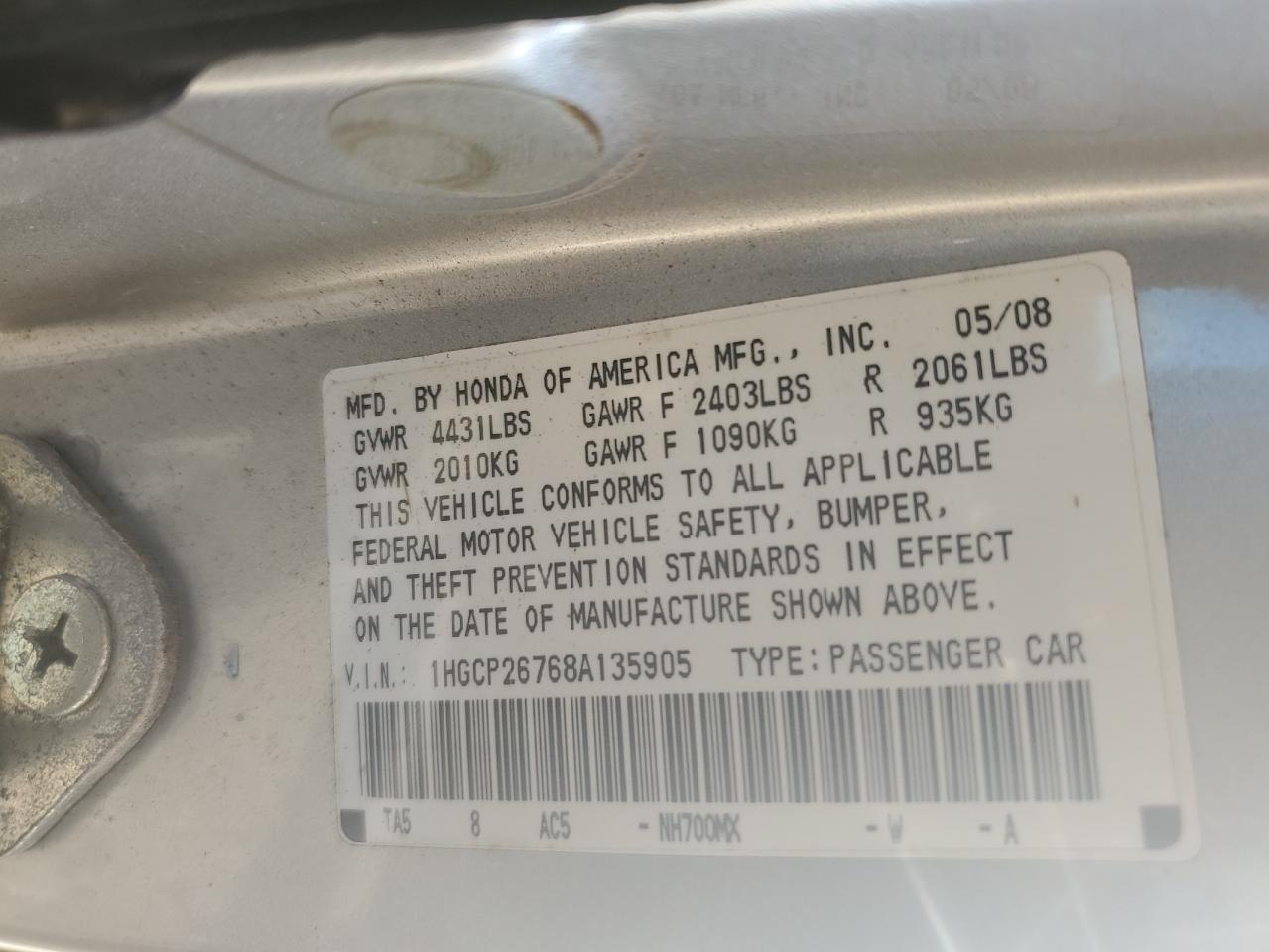 2008 Honda Accord VIN 1HGCP26768A135905 Copart auction photo, top/roof damage thumbnail 12
