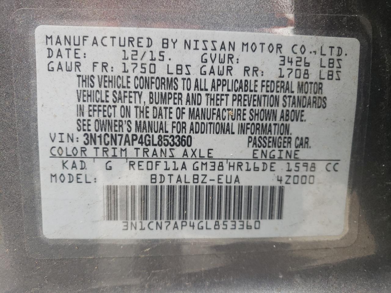 2016 Nissan Versa VIN 3N1CN7AP4GL853360 Copart auction photo, all over / front end damage thumbnail 15
