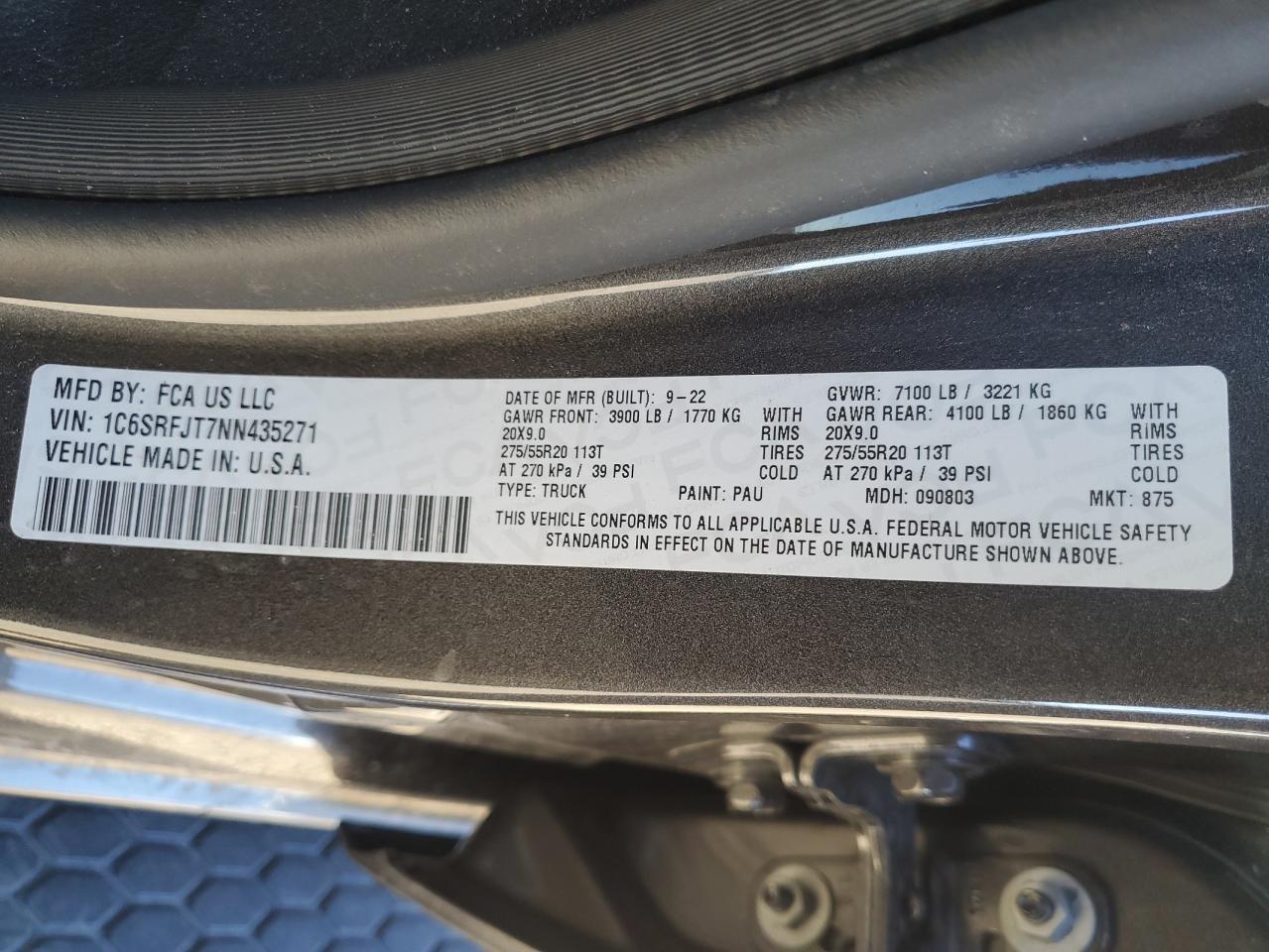 2022 RAM 1500 VIN 1C6SRFJT7NN435271 Copart auction photo, front end / minor dent/scratches damage thumbnail 12