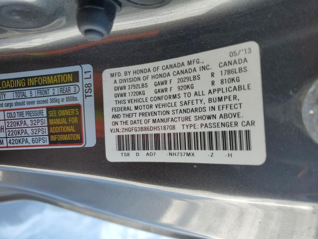 2013 Honda Civic VIN 2HGFG3B86DH518708 Copart auction photo, all over damage thumbnail 12