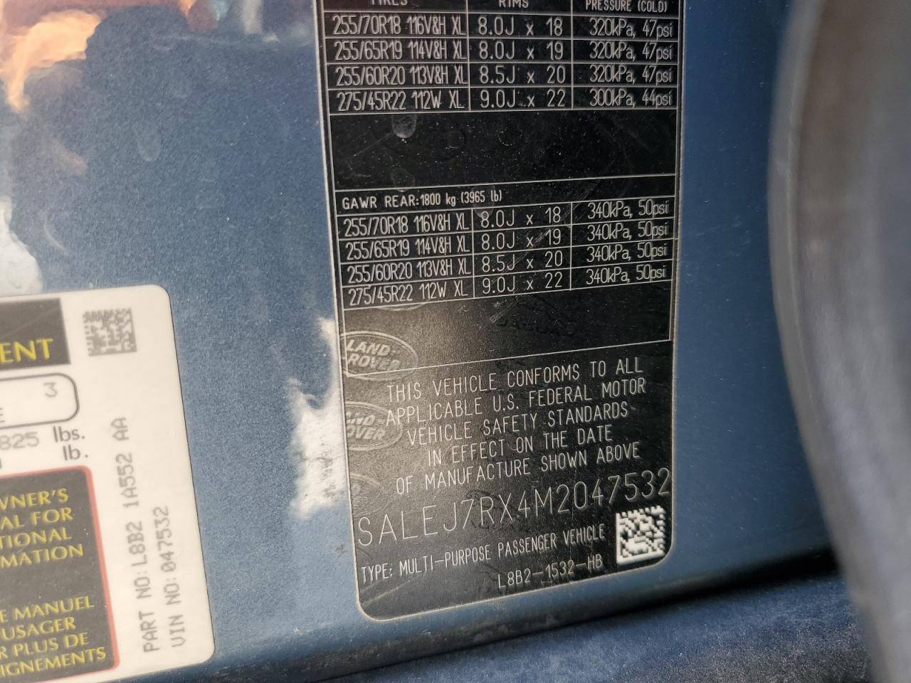 2021 Land Rover Defender VIN SALEJ7RX4M2047532 Copart auction photo, rear end / side damage thumbnail 13