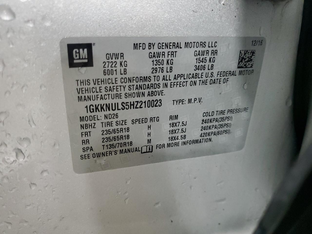 2017 GMC Acadia VIN 1GKKNULS5HZ210023 Copart auction photo, front end / side damage thumbnail 14