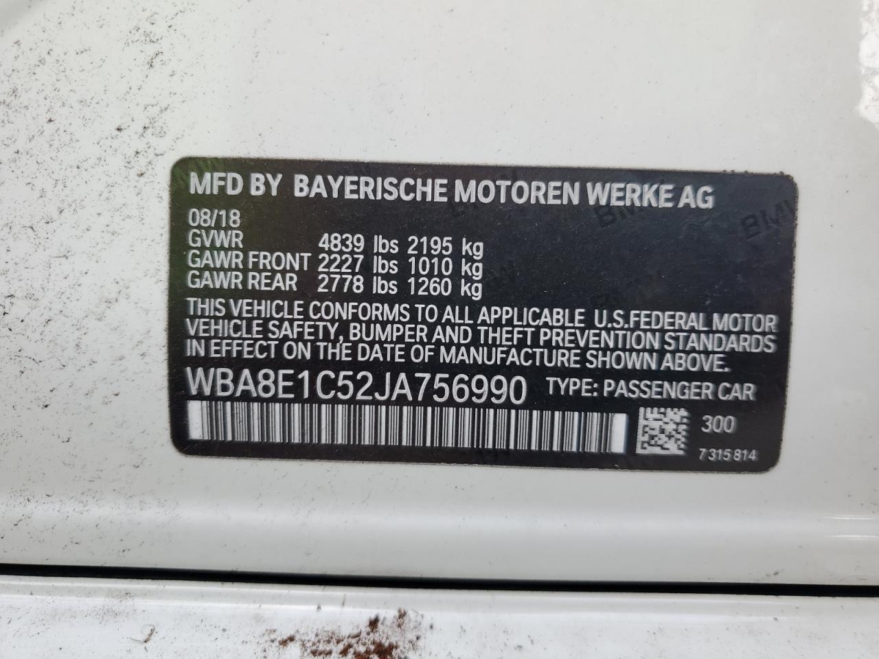 2018 BMW 3er VIN WBA8E1C52JA756990 Copart auction photo, side / front end damage thumbnail 12
