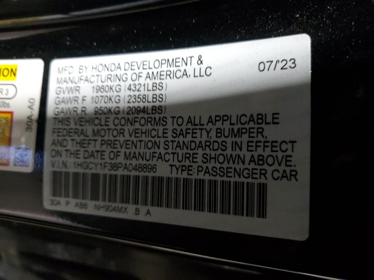 2023 Honda Accord VIN 1HGCY1F38PA048896 Copart auction photo, side damage thumbnail 13