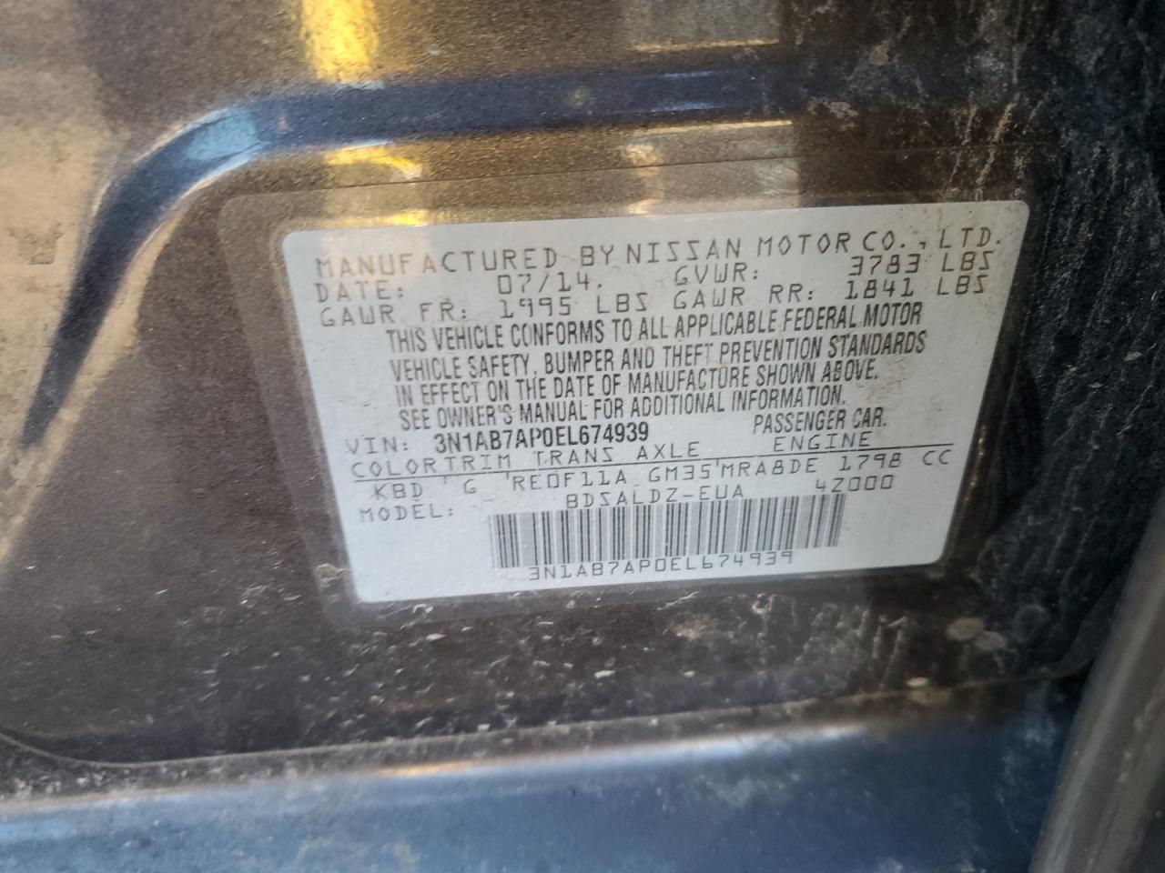 2014 Nissan Sentra VIN 3N1AB7AP0EL674939 Copart auction photo, side / top/roof damage thumbnail 14