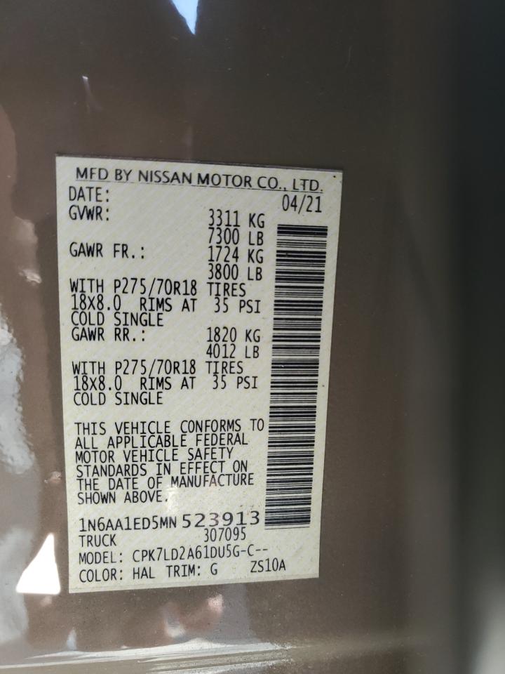 2021 Nissan Titan VIN 1N6AA1ED5MN523913 Copart auction photo, front end / hail damage thumbnail 12