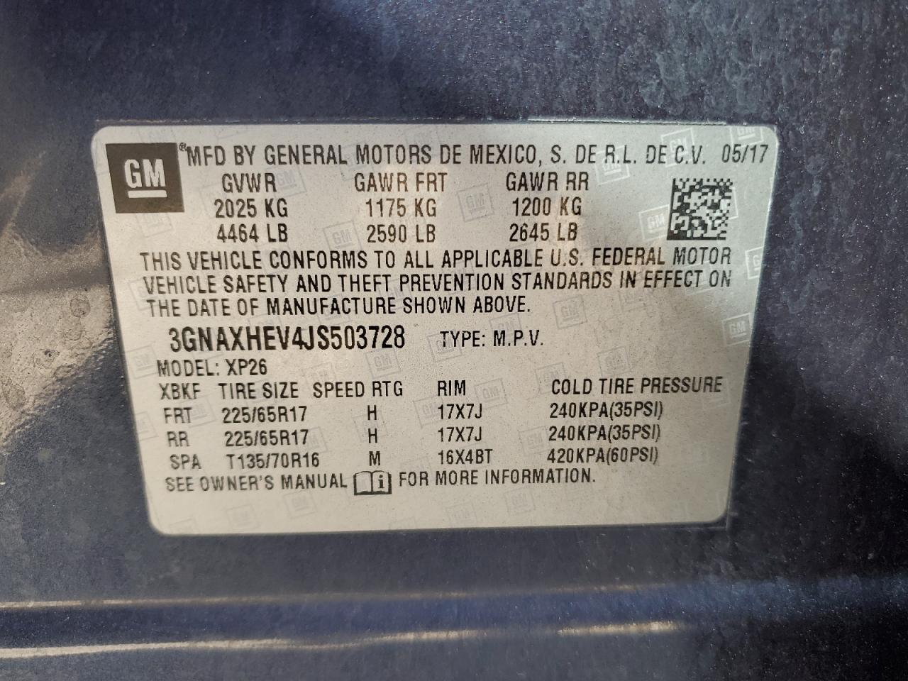 2018 Chevrolet Equinox VIN 3GNAXHEV4JS503728 Copart auction photo, rear end / minor dent/scratches damage thumbnail 13