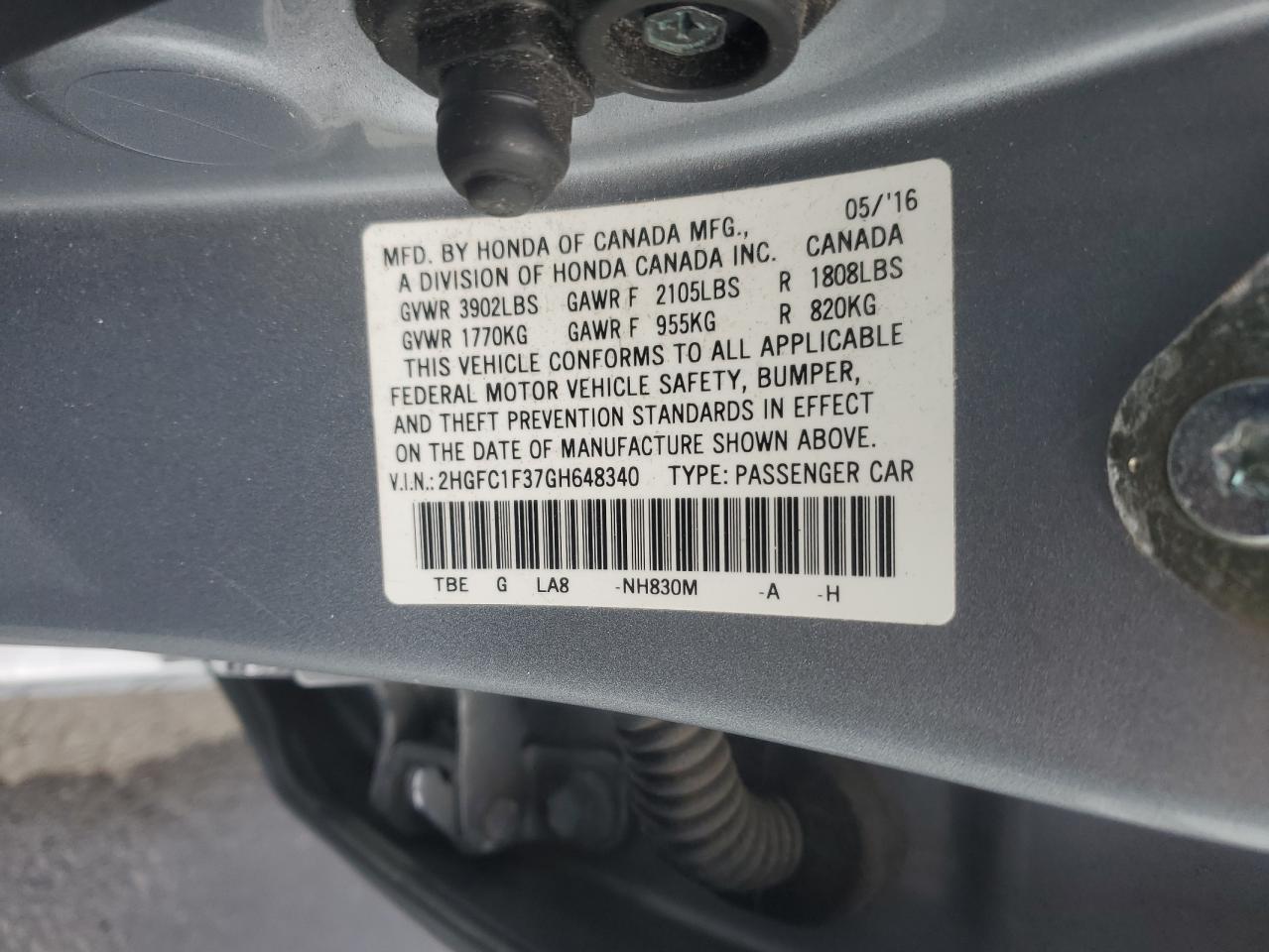 2016 Honda Civic VIN 2HGFC1F37GH648340 Copart auction photo, front end damage thumbnail 14