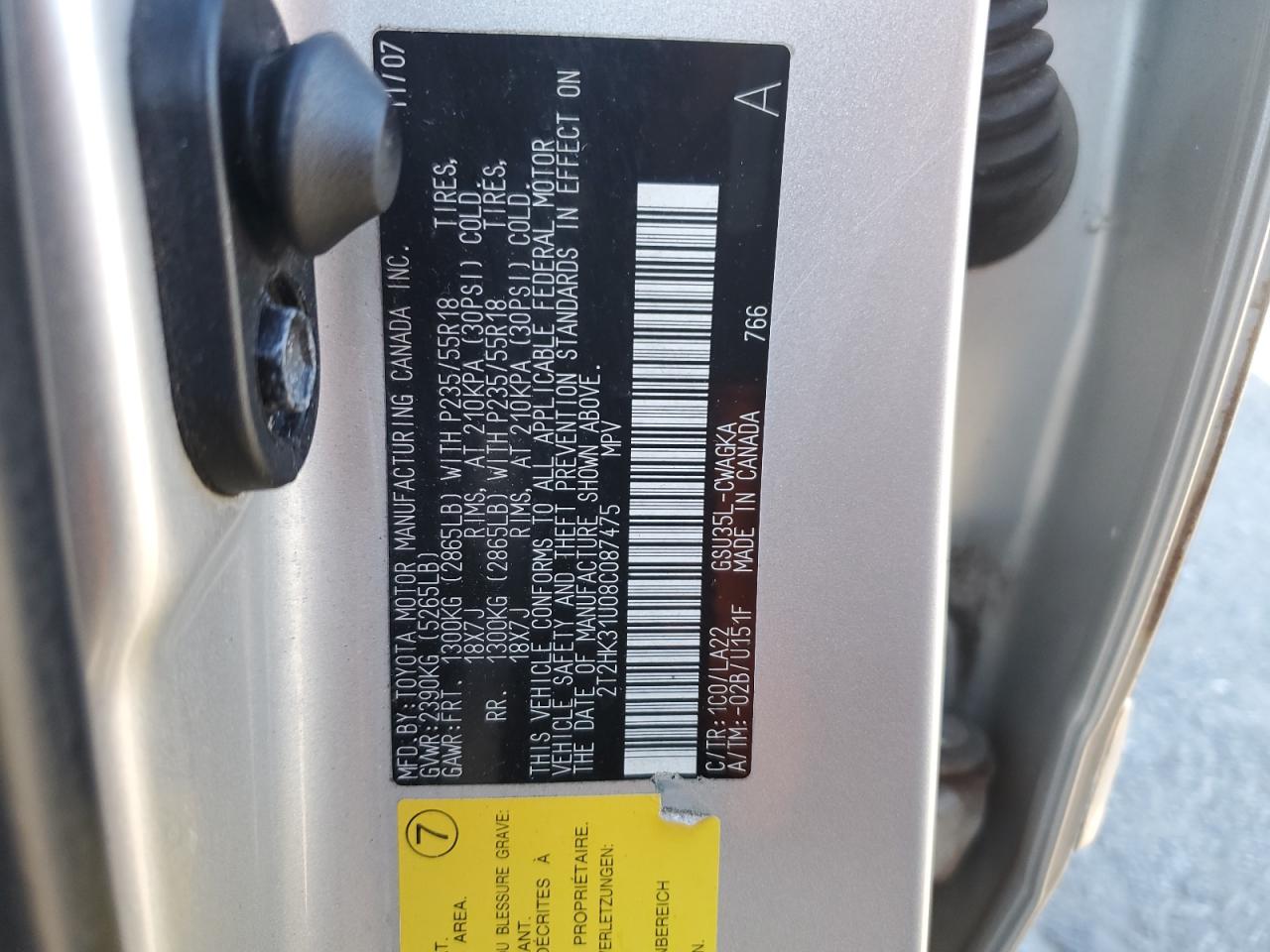 2008 Lexus RX VIN 2T2HK31U08C087475 Copart auction photo, mechanical damage thumbnail 13