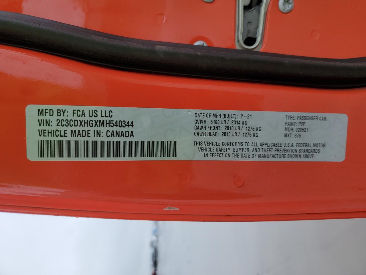 2021 Dodge Charger VIN 2C3CDXHGXMH540344 Copart auction photo, front end damage thumbnail 12