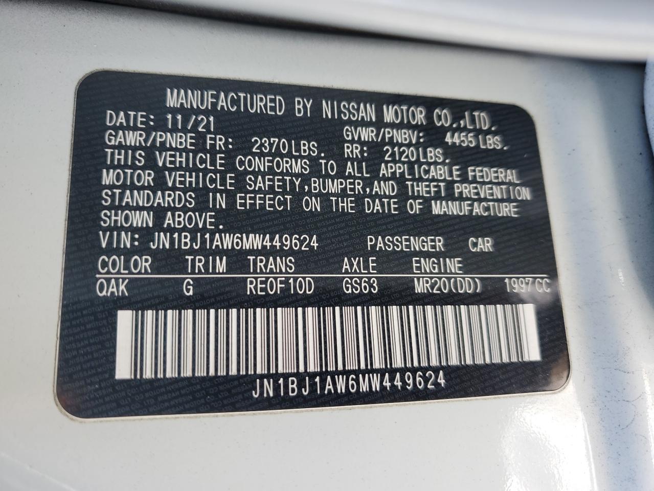2021 Nissan Rogue VIN JN1BJ1AW6MW449624 Copart auction photo, rear end / side damage thumbnail 13