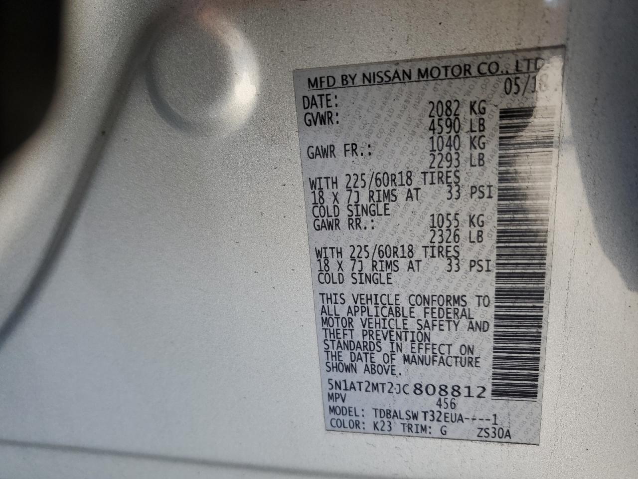 2018 Nissan Rogue VIN 5N1AT2MT2JC808812 Copart auction photo, all over damage thumbnail 15